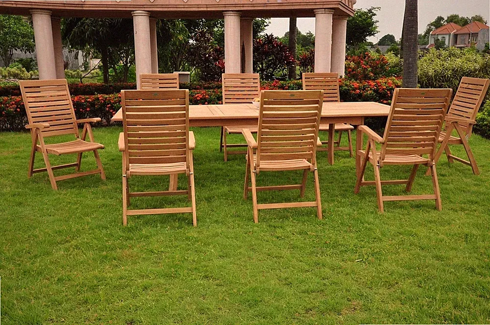 9-Piece Outdoor Teak Dining Set: 117” Rectangle Table, 8 Reclining Chairs Ash