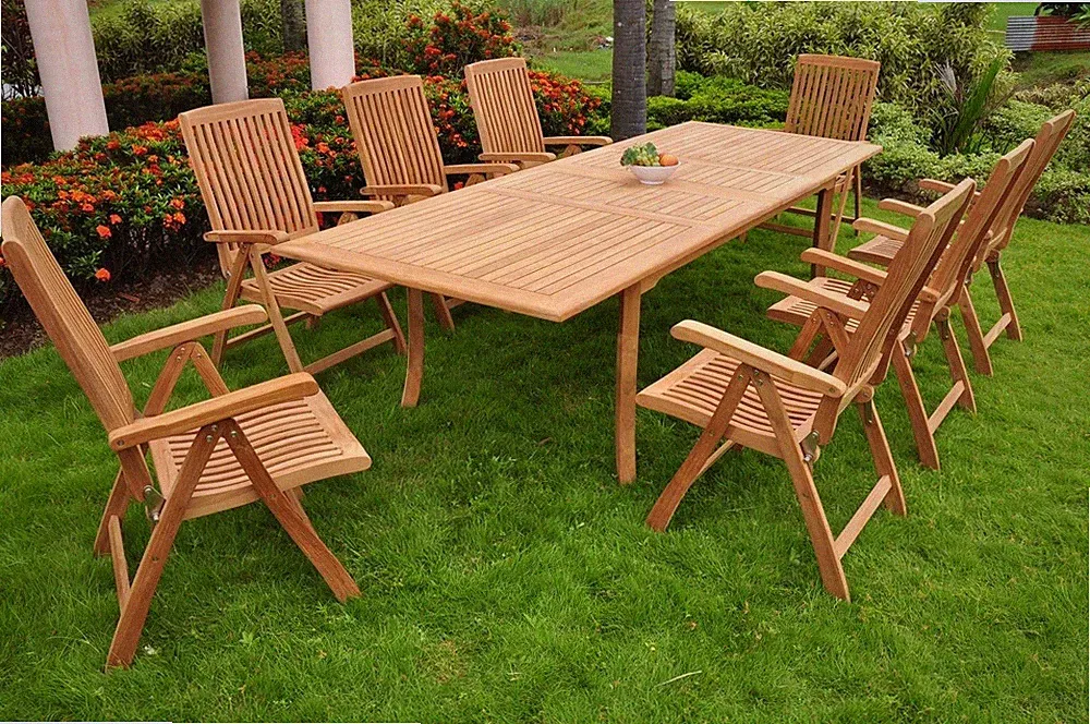 9-Piece Outdoor Teak Dining Set: 117” Rectangle Table, 8 Reclining Chairs Mar