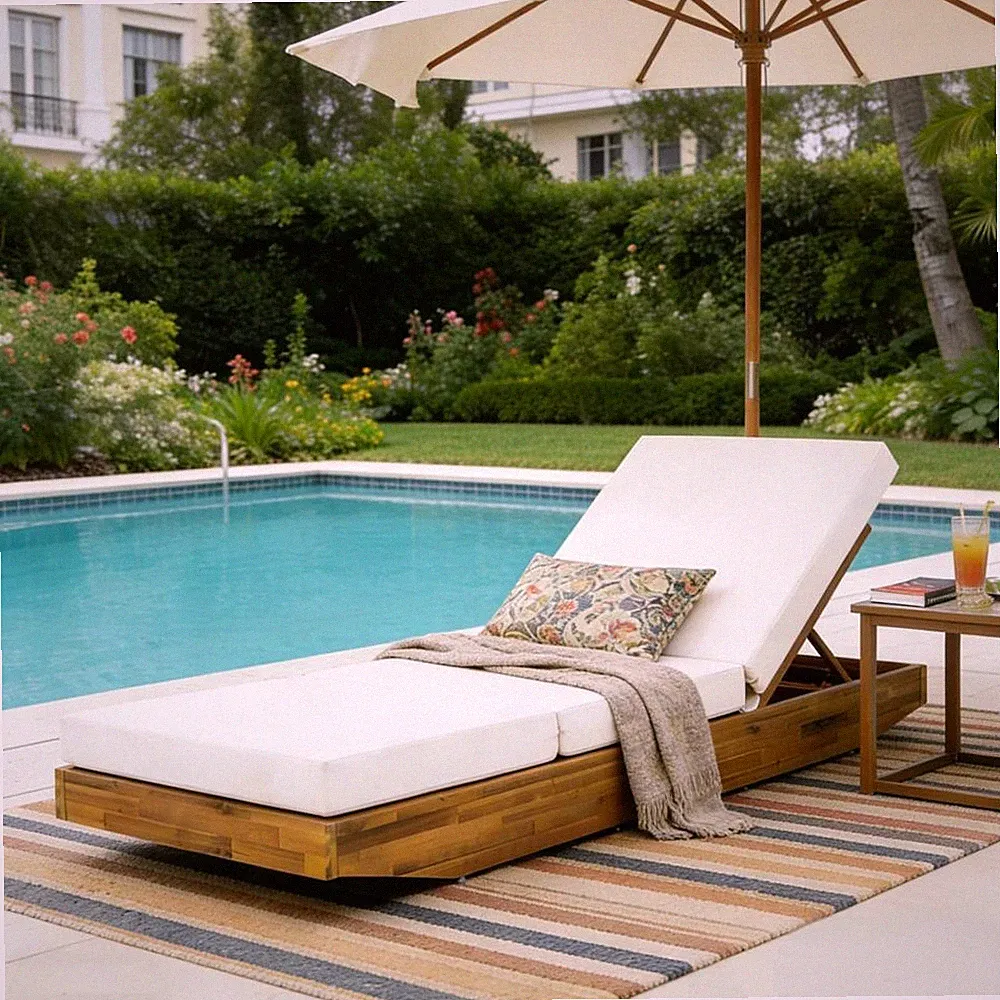 Acacia Chaise Lounge with Water-Resistant Cushion, Teak Finish, 300lb Cap