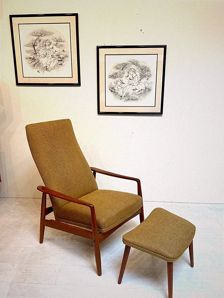 Danish Vintage Teak +Upholstered Reclining Lounge Chair & Ottoman, by SL Mobler