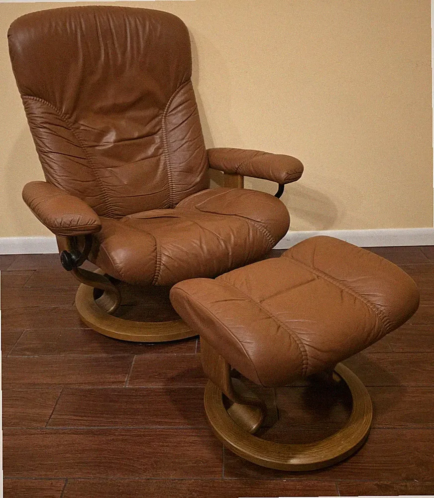 Ekornes Stressless Large "Consul" Cognac Leather Swivel Recliner Chair & Ottoman