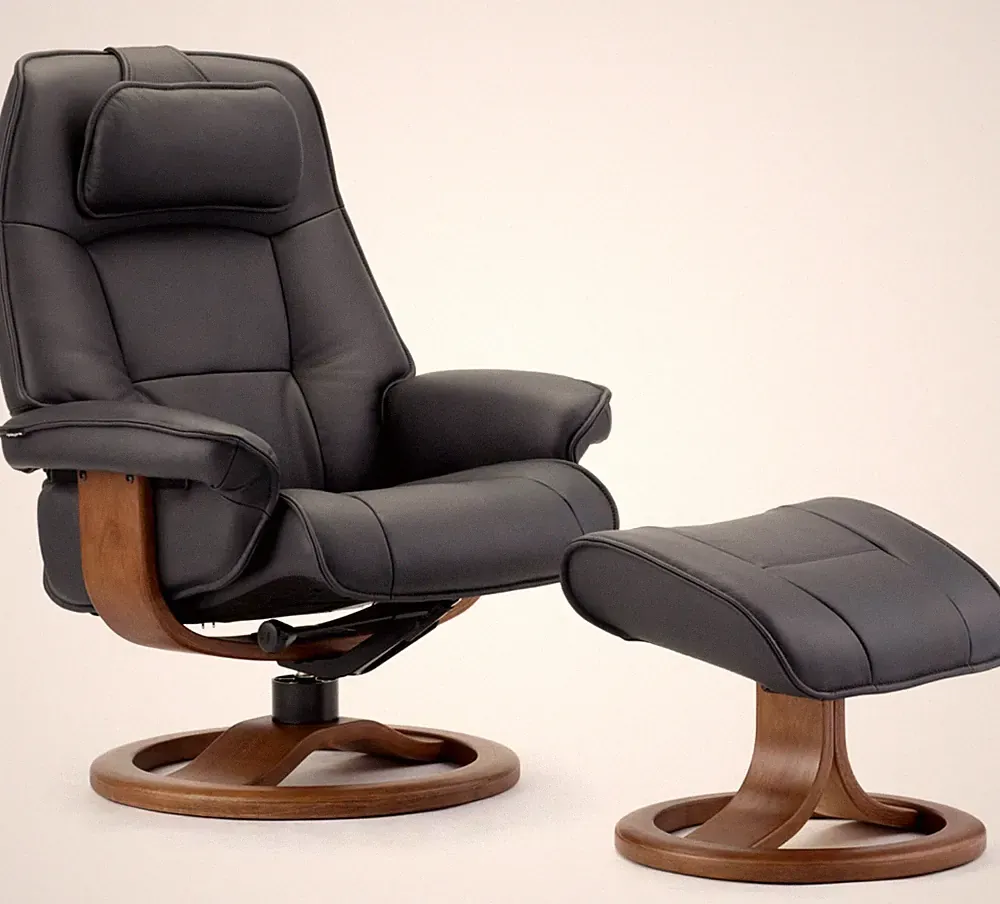 Fjords Admiral Large Recliner Chair and Ottoman Black Soft Leather Teak Wood