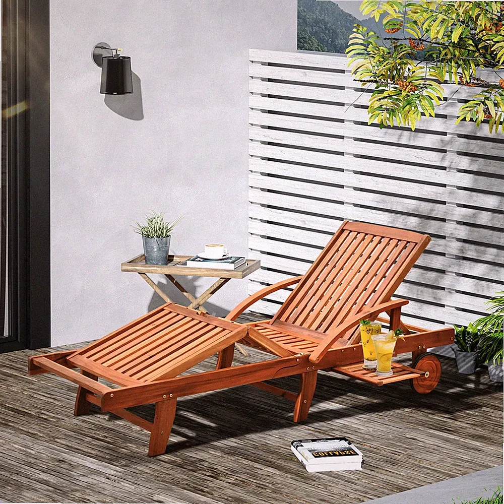 Garden Wood Sun Lounger Chaise Recliner Bed Adjustable Back Footrest w/ Wheels