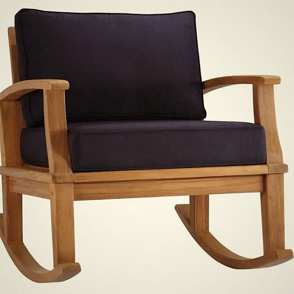 Modway Marina Solid Teak Wood Patio Rocking Chair in Natural and Navy