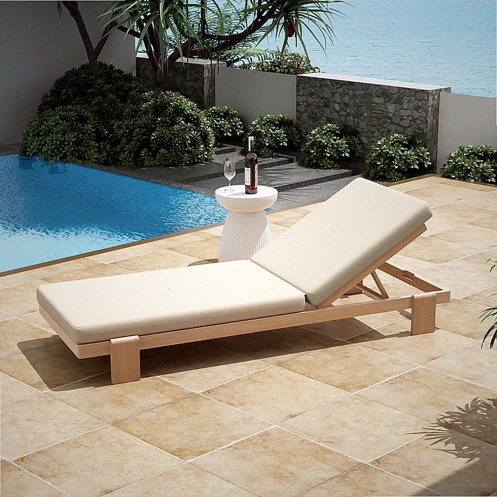 Outdoor Acacia Wood Chaise Lounge Chair Recliner w/ Cushion Adjustable Teak