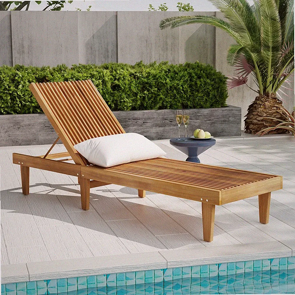 Outdoor Chaise Lounge Chair, Acacia Wood Frame Sunbathing Pool Lounger