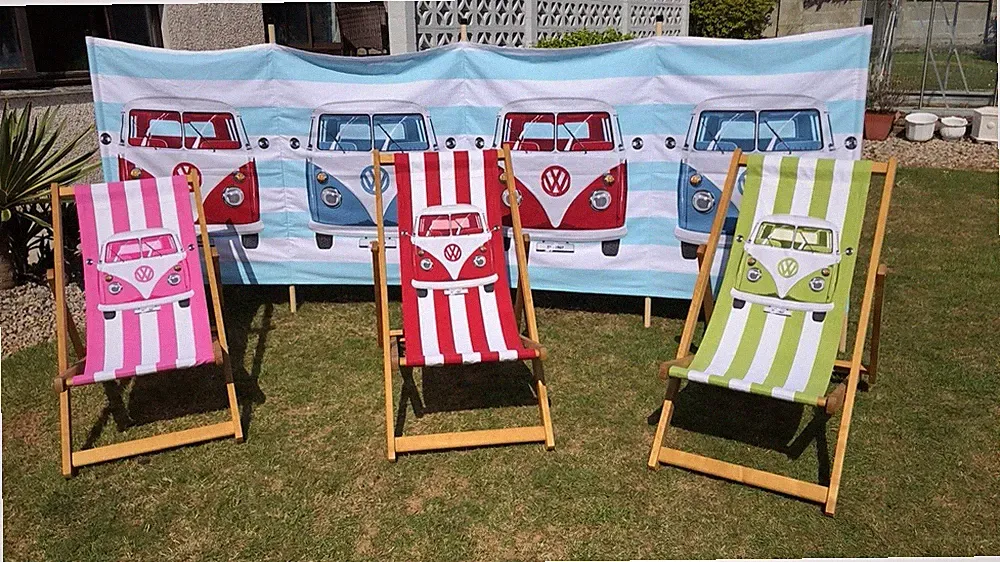 Pink Volkswagen Camper Deckchairs Hardwood Frame With Canvas Sling.