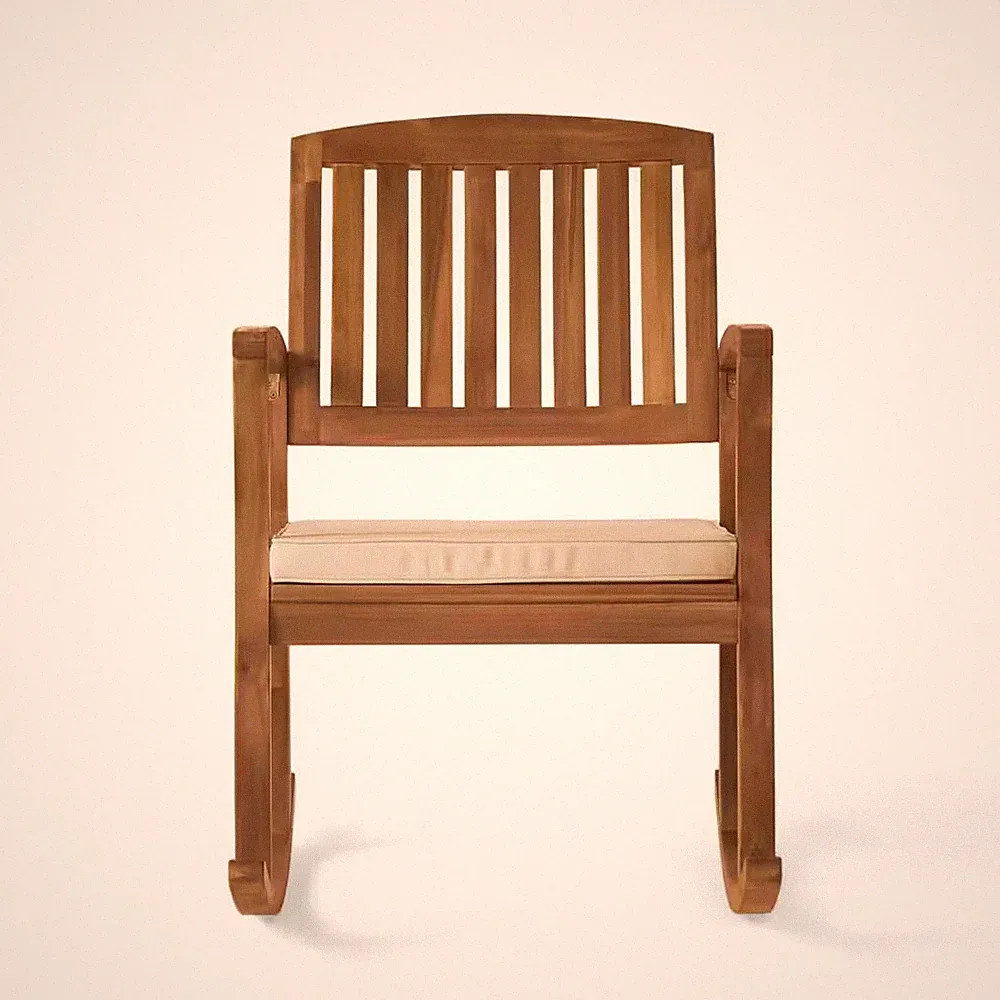 Selma Teak Finish Wood Outdoor Patio Rocking Chair with Cream Cushion