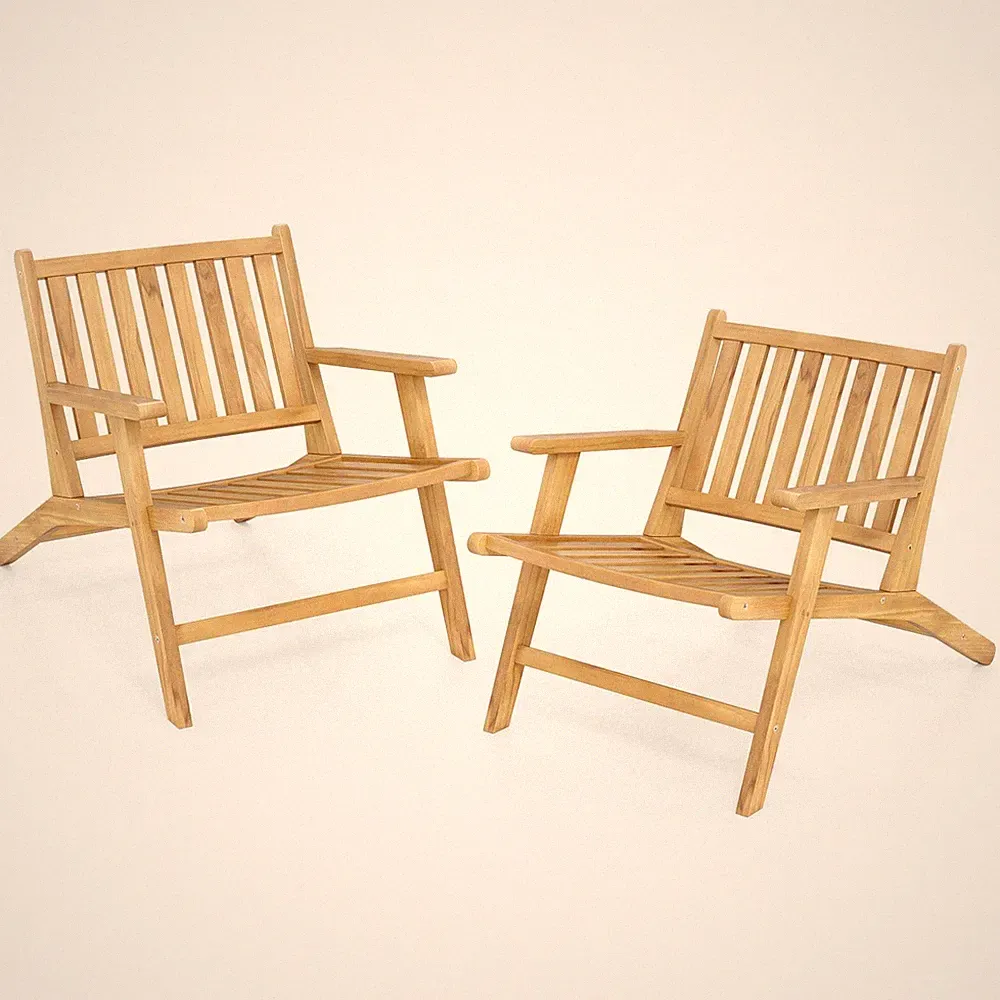 Set of 2 Teak Wood Outdoor Reclining Chair Natural Mid Century Accent Armchair