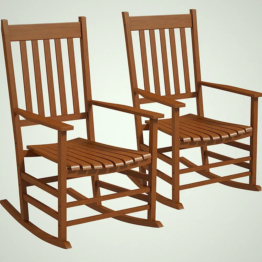 Teak-Colored Rocking Chair Pair Outdoor Indoor Use 352lb Rating Slatted Back