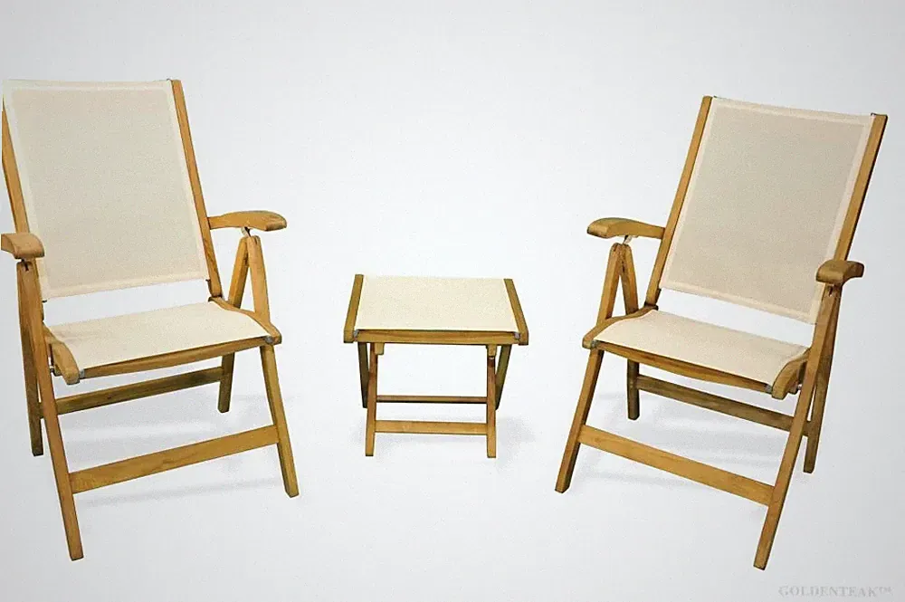 Teak Recliner Cream Pair with Cream Footstool End Table